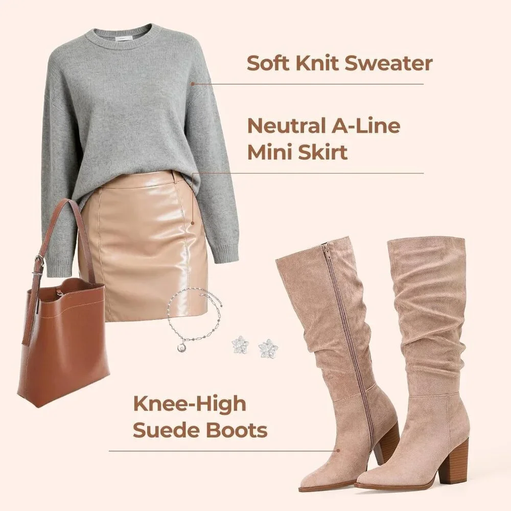 Women's Rosy Brown Pointed Toe Faux Suede Slouch Chunky Heel Knee High Boots